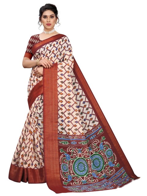 

KALINI Off White & Maroon Linen Blend Saree