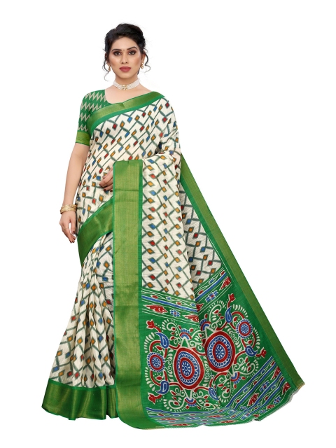

KALINI Off White & Green Linen Blend Saree