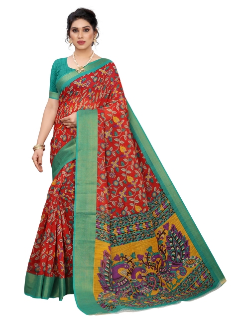 

KALINI Red & Green Floral Linen Blend Saree