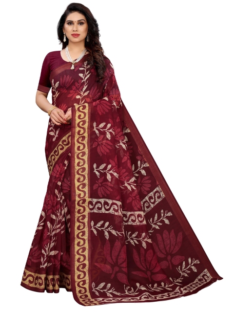 

KALINI Maroon & Yellow Floral Linen Blend Saree