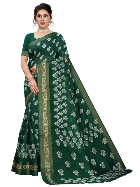 

KALINI Green & White Floral Linen Blend Saree