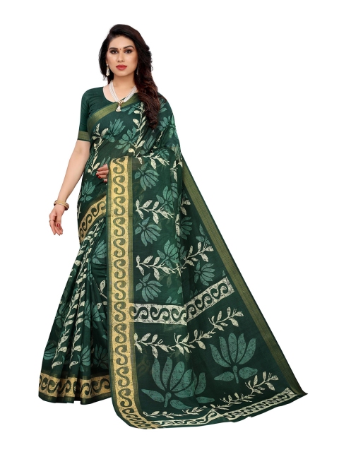 

KALINI Green & White Floral Linen Blend Saree