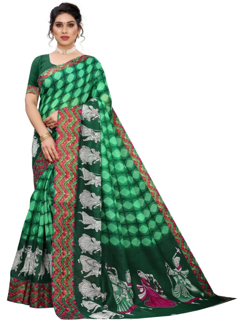 

KALINI Green & White Linen Blend Saree