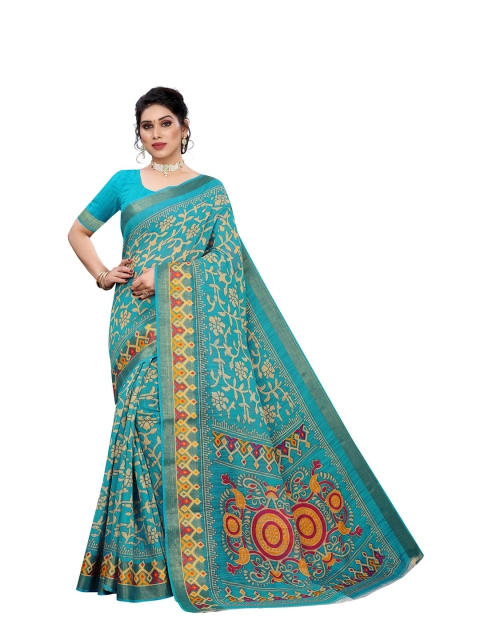 

KALINI Turquoise Blue & Beige Floral Linen Blend Saree
