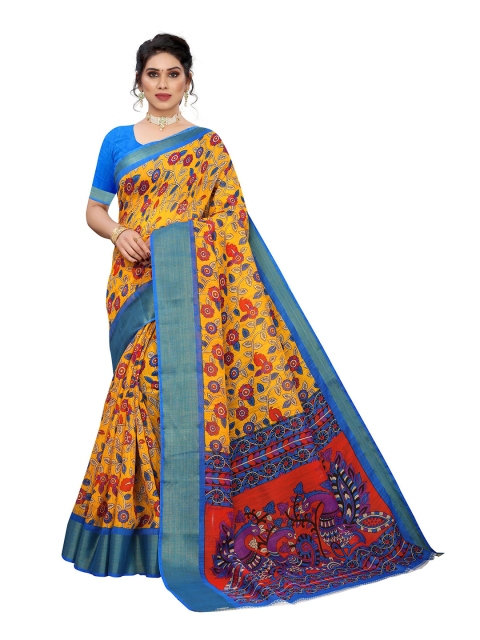 

KALINI Yellow & Blue Floral Zari Linen Blend Saree