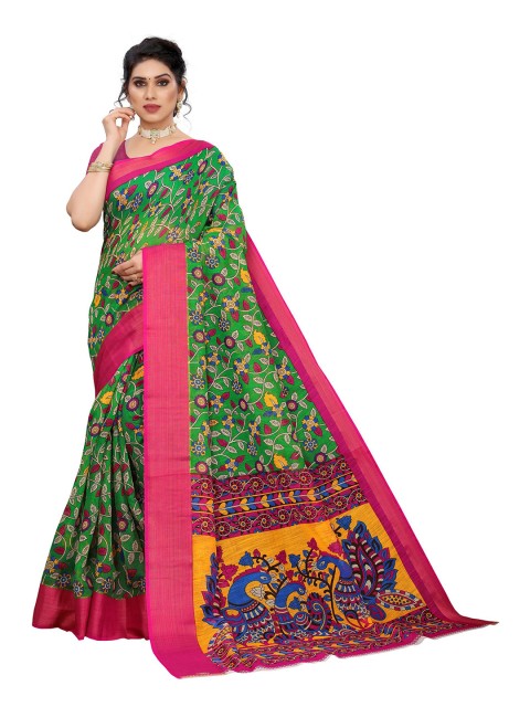 

KALINI Green & Pink Floral Linen Blend Saree