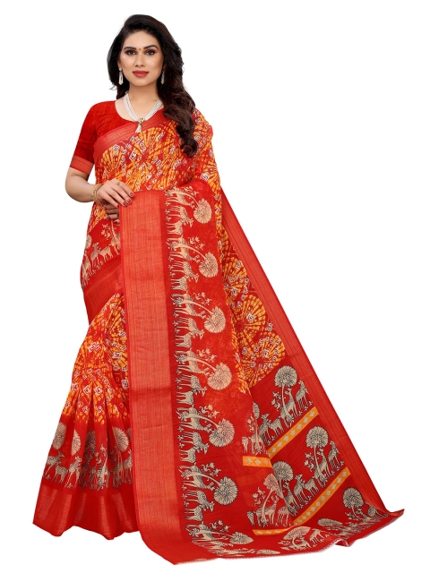 

KALINI Red & Orange Ethnic Motifs Linen Blend Saree