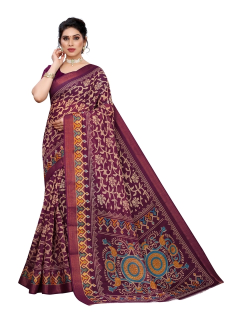 

KALINI Burgundy & Yellow Floral Linen Blend Saree