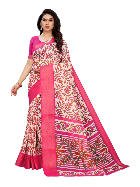 

KALINI White & Pink Floral Linen Blend Saree