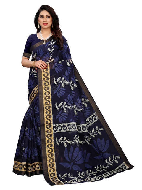 

KALINI Navy Blue & White Floral Linen Blend Saree
