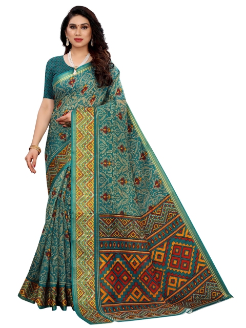 

KALINI Teal & Red Ethnic Motifs Linen Blend Saree