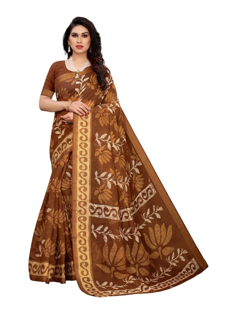 

KALINI Brown & Beige Floral Linen Blend Saree