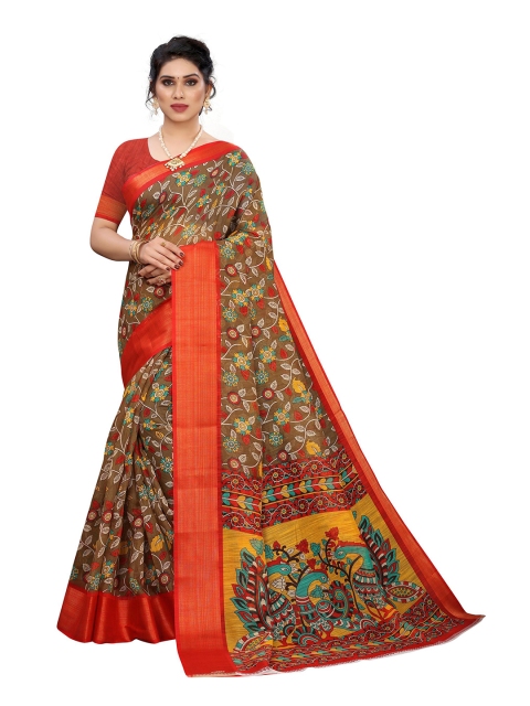 

KALINI Brown & Red Paisley Linen Blend Saree