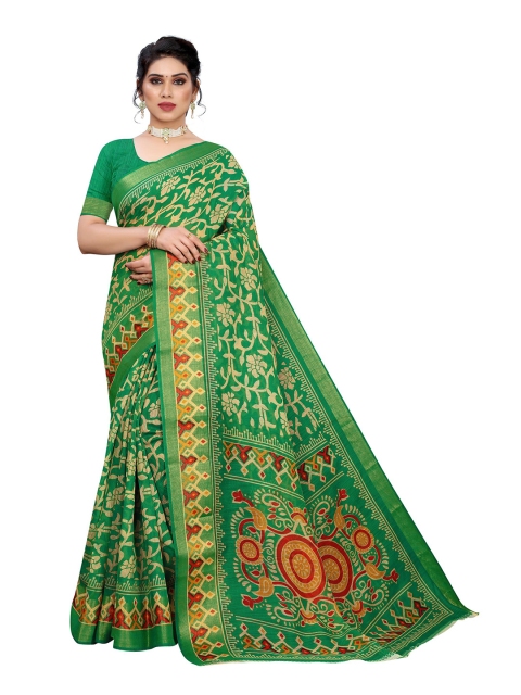 

KALINI Green & Red Floral Linen Blend Saree