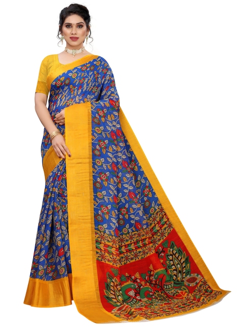 

KALINI Blue & Red Floral Linen Blend Saree