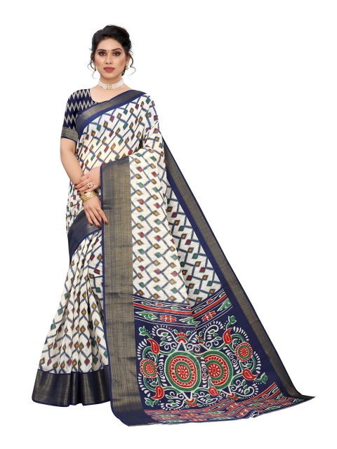 

KALINI White & Navy Blue Linen Blend Saree