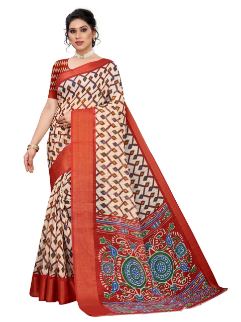 

KALINI Off White & Red Linen Blend Saree