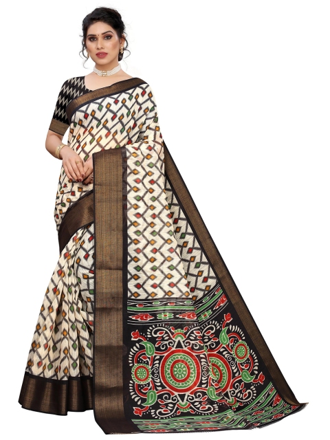 

KALINI Off White & Black Linen Blend Saree