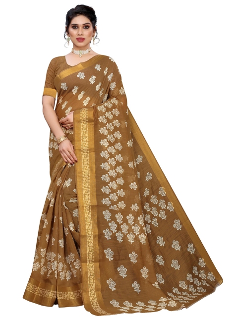 

KALINI Brown & White Floral Zari Linen Blend Saree