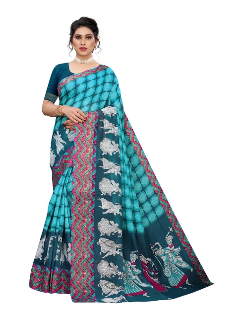 

KALINI Turquoise Blue & White Zari Linen Blend Saree