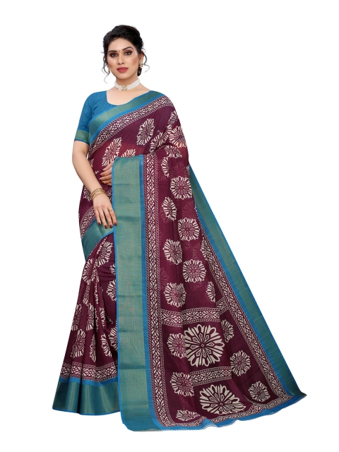 

KALINI Burgundy & Blue Floral Linen Blend Saree