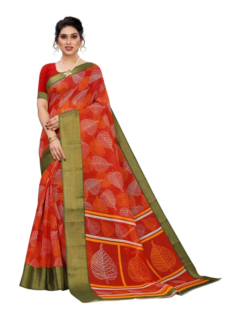 

KALINI Orange & White Floral Zari Linen Blend Saree