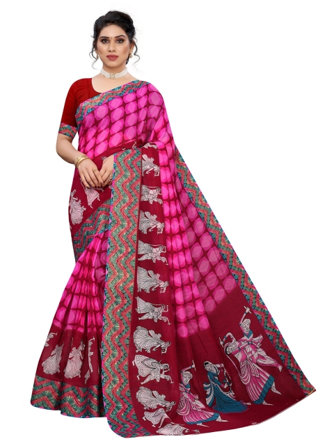 

KALINI Pink & Red Zari Linen Blend Saree