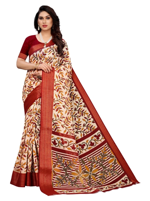 

KALINI Cream-Coloured & Brown Floral Linen Blend Saree