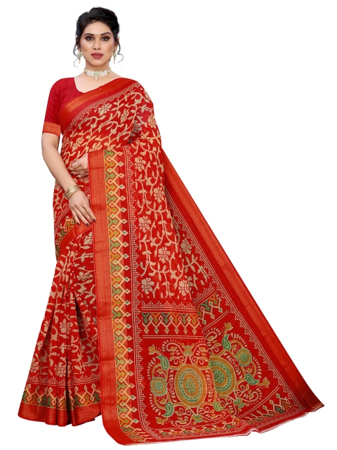 

KALINI Red & Beige Floral Linen Blend Saree