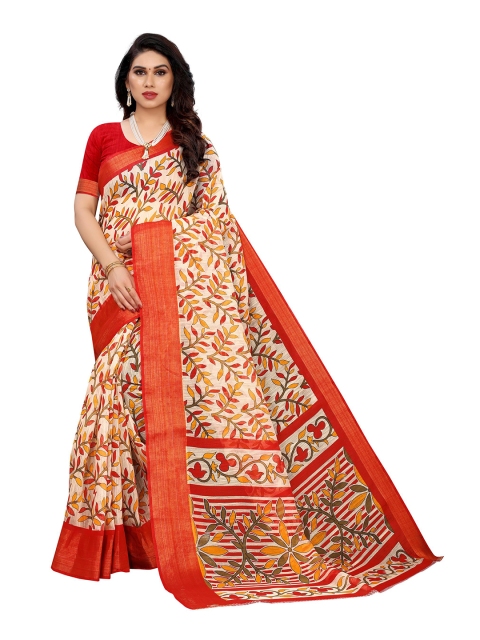 

KALINI Orange & Yellow Floral Linen Blend Saree