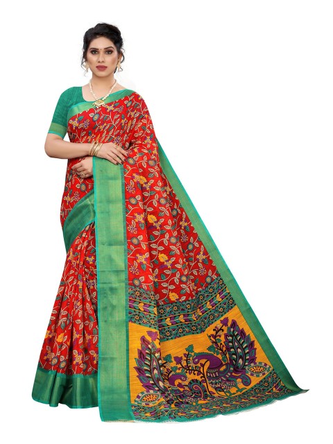 

KALINI Red & Sea Green Floral Linen Blend Saree