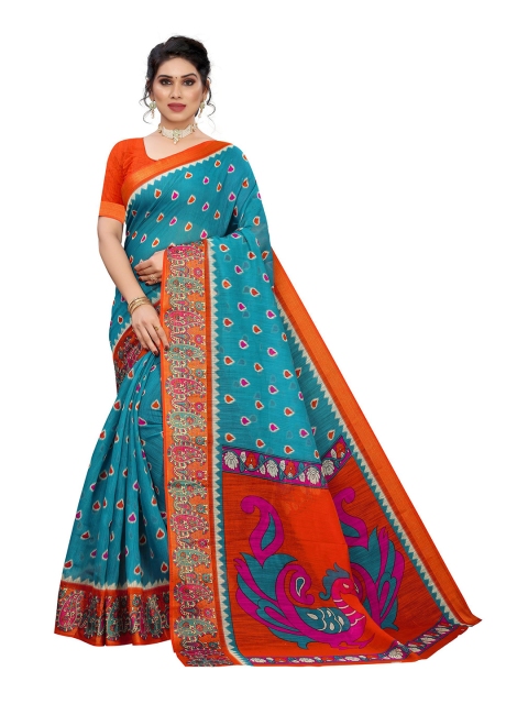 

KALINI Turquoise Blue & Orange Floral Zari Linen Blend Saree