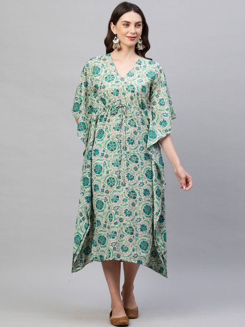 

FASHOR Women Green & Beige Hand Block Jaal Printed Kaftan