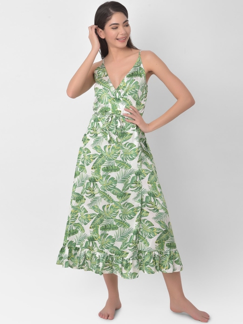 

Clovia Green & White Tropical Crepe Maxi Dress