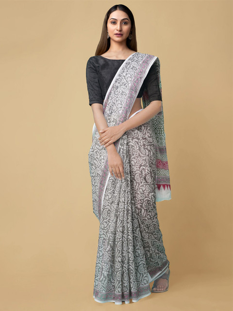 

Unnati Silks Off White & Pink Ethnic Motifs Pure Cotton Kota Saree
