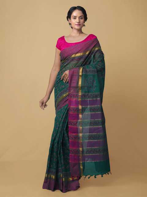 

Unnati Silks Green & Pink Floral Pure Cotton Mangalagiri Handloom Saree