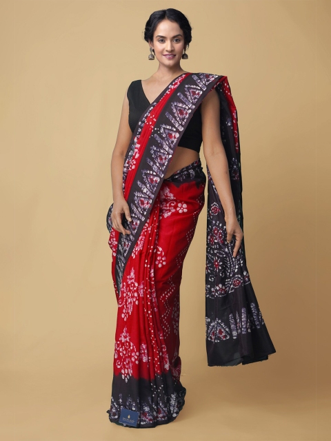 

Unnati Silks Red & Brown Batik Art Silk Block Print Saree