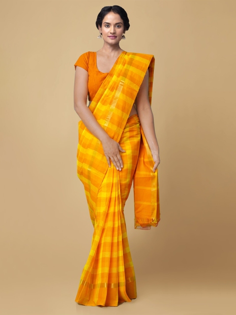 

Unnati Silks Orange & Yellow Checked Zari Pure Cotton Mangalagiri Saree