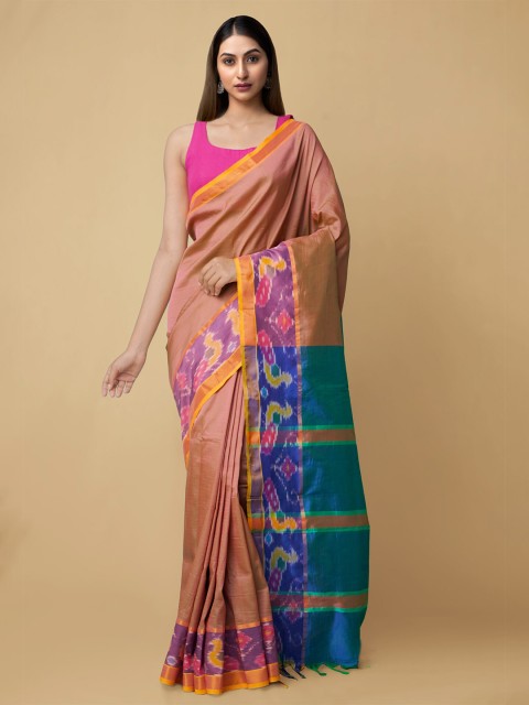 

Unnati Silks Pink & Blue Handloom Ikat Mangalagiri Saree