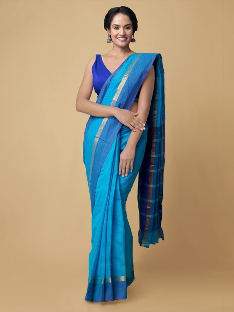 

Unnati Silks Blue & Golden Striped Pure Cotton Mangalagiri Saree