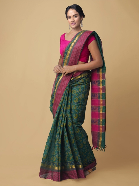 

Unnati Silks Green & Magenta Ethnic Motifs Pure Cotton Mangalagiri Handloom Saree