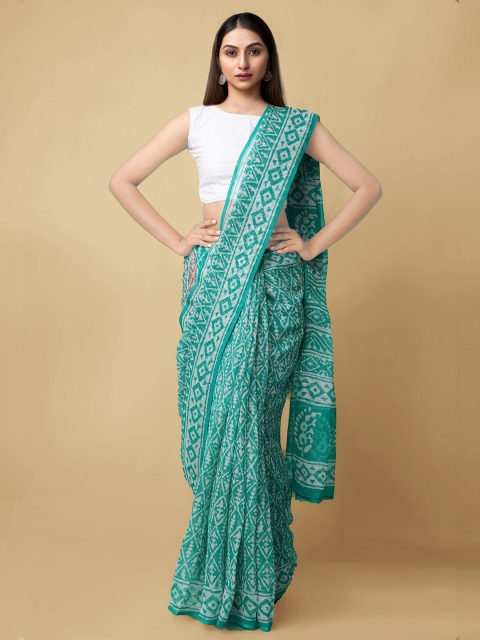 

Unnati Silks Sea Green & White Dabu Pure Cotton Kota Handloom Saree