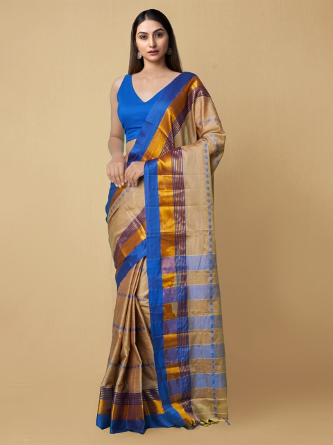 

Unnati Silks Brown & Blue Floral Zari Silk Cotton Narayan Peth Saree