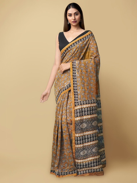 

Unnati Silks Women Brown & White Preet Bagru Chanderi Sico Sustainable Saree