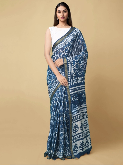 

Unnati Silks Blue & Off White Dabu Pure Cotton Dabu Saree