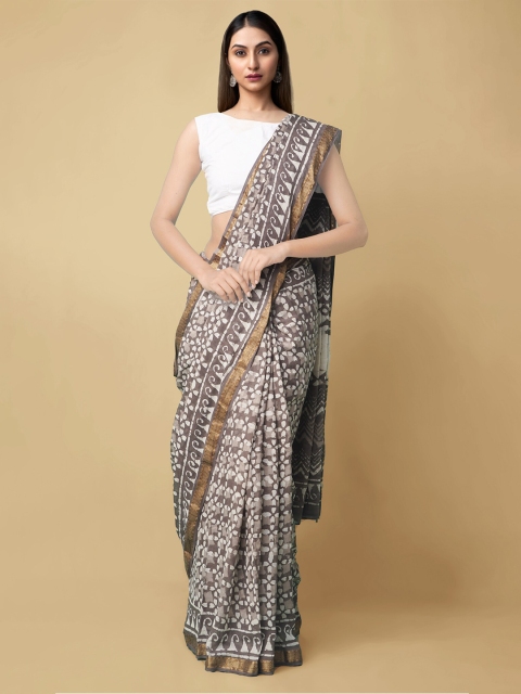 

Unnati Silks Women Grey & White Preet Dabu Mulmul Cotton Sustainable Saree