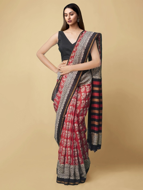 

Unnati Silks Red & Black Dabu Zari Silk Cotton Chanderi Saree