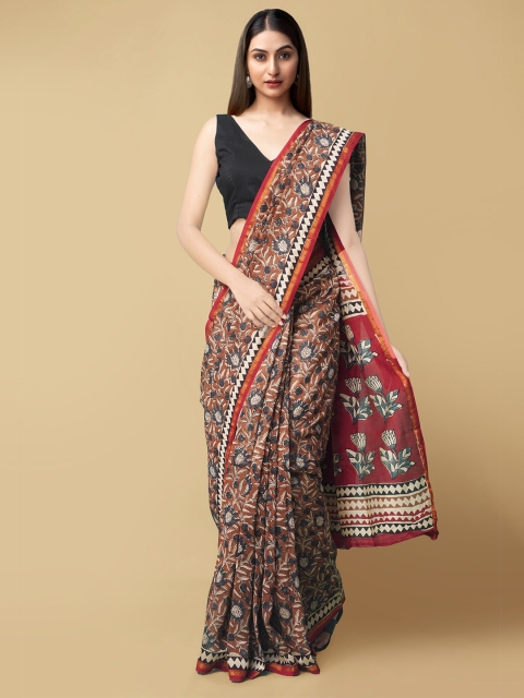 

Unnati Silks Brown & Beige Floral Silk Cotton Chanderi Saree