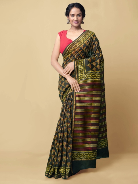 

Unnati Silks Green & Yellow Dabu Zari Silk Cotton Chanderi Saree