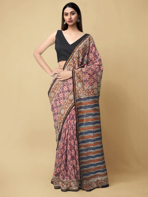 

Unnati Silks Cream-Coloured & Blue Silk Cotton Chanderi Saree